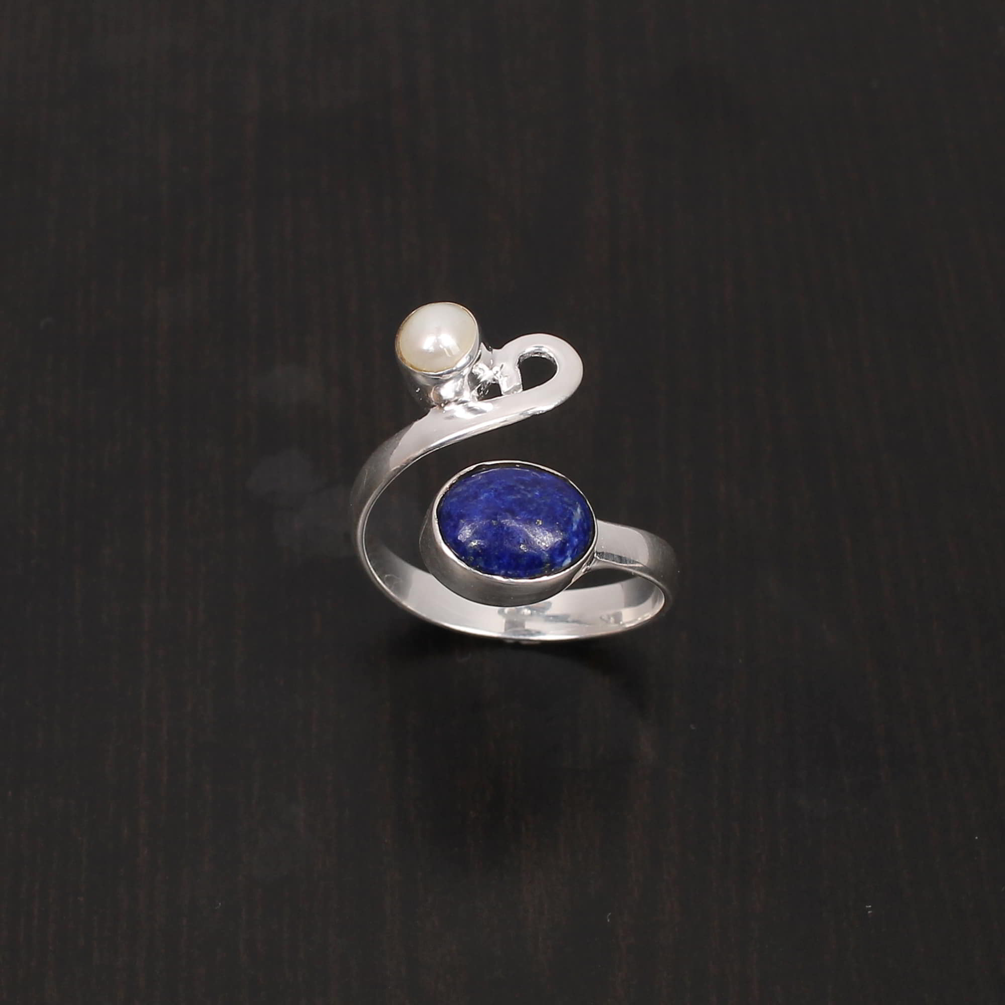 Lapis Lazuli and Pearl Oval Cab Round Cab 262Gram 925 Sterling Silver Ring