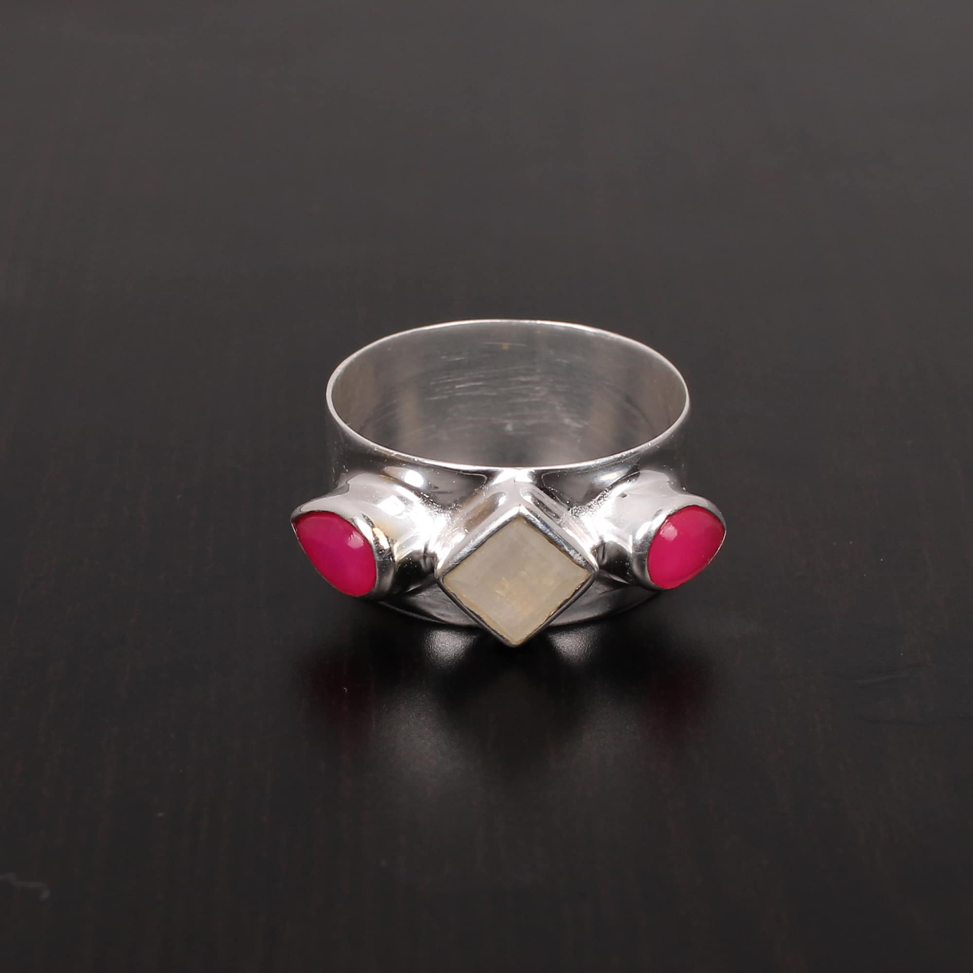 Rainbow Moonstone and Fuchsia Chalcedony Square and Pear 254Gram 925 Sterling Silver Ring