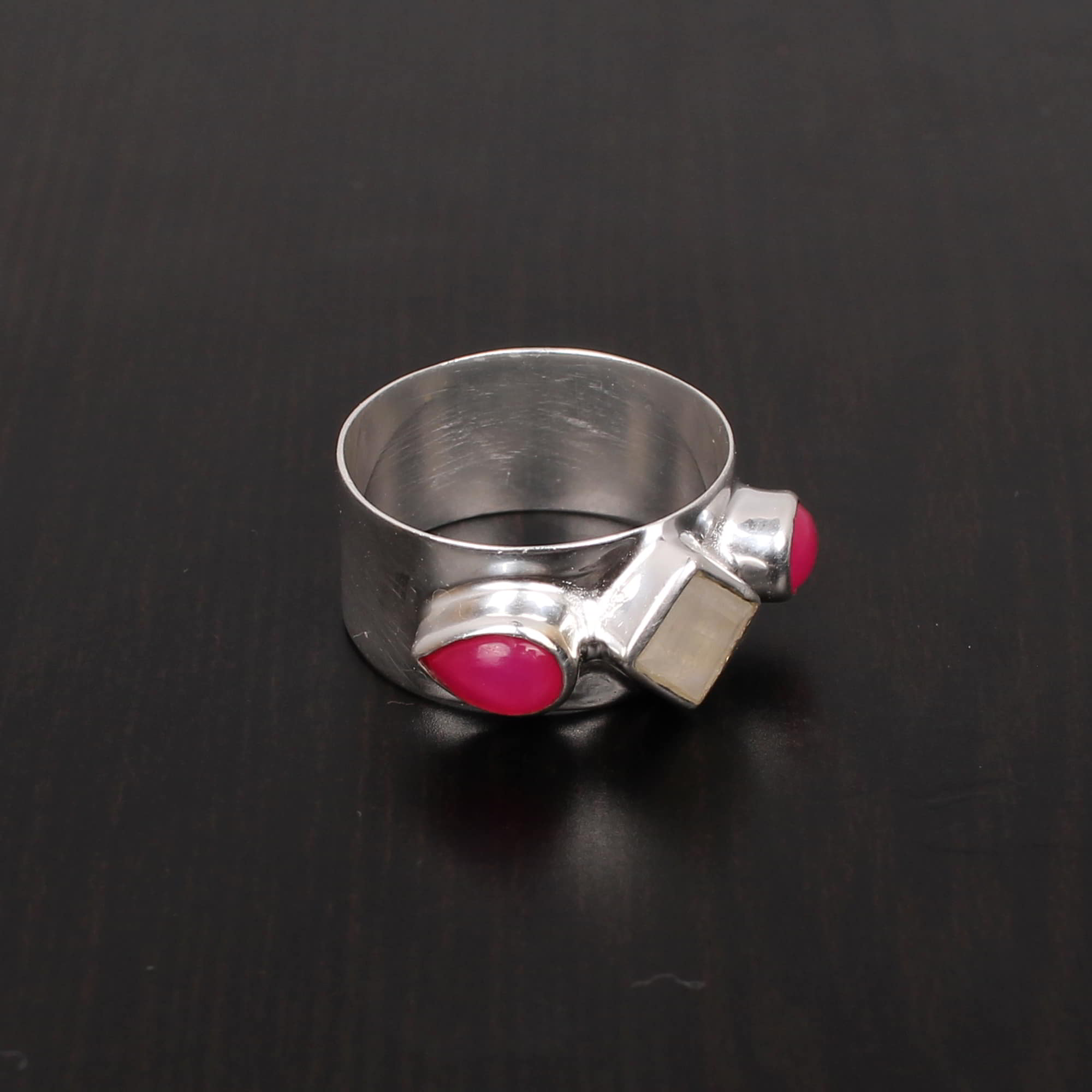 Rainbow Moonstone and Fuchsia Chalcedony Square and Pear 254Gram 925 Sterling Silver Ring