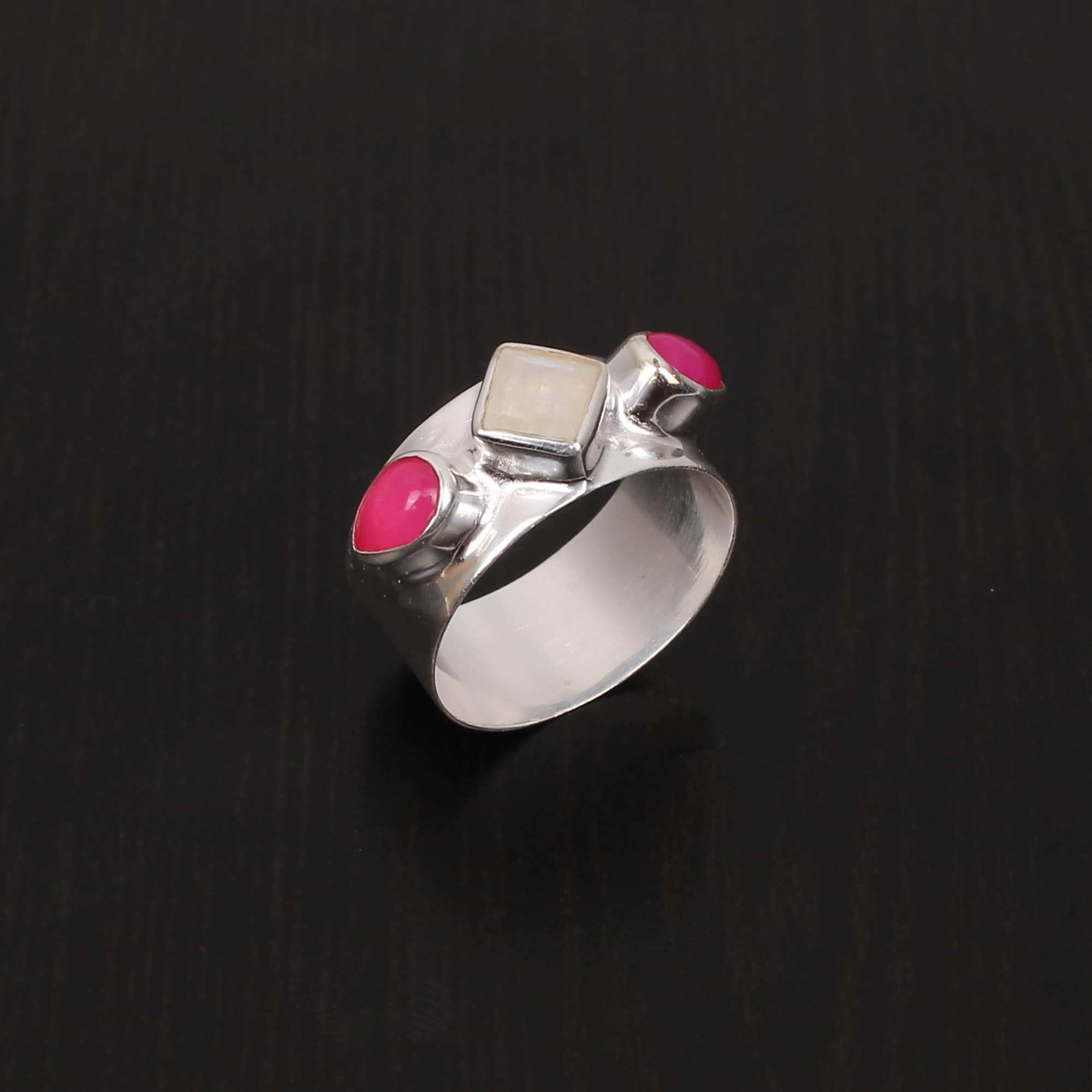 Rainbow Moonstone and Fuchsia Chalcedony Square and Pear 254Gram 925 Sterling Silver Ring