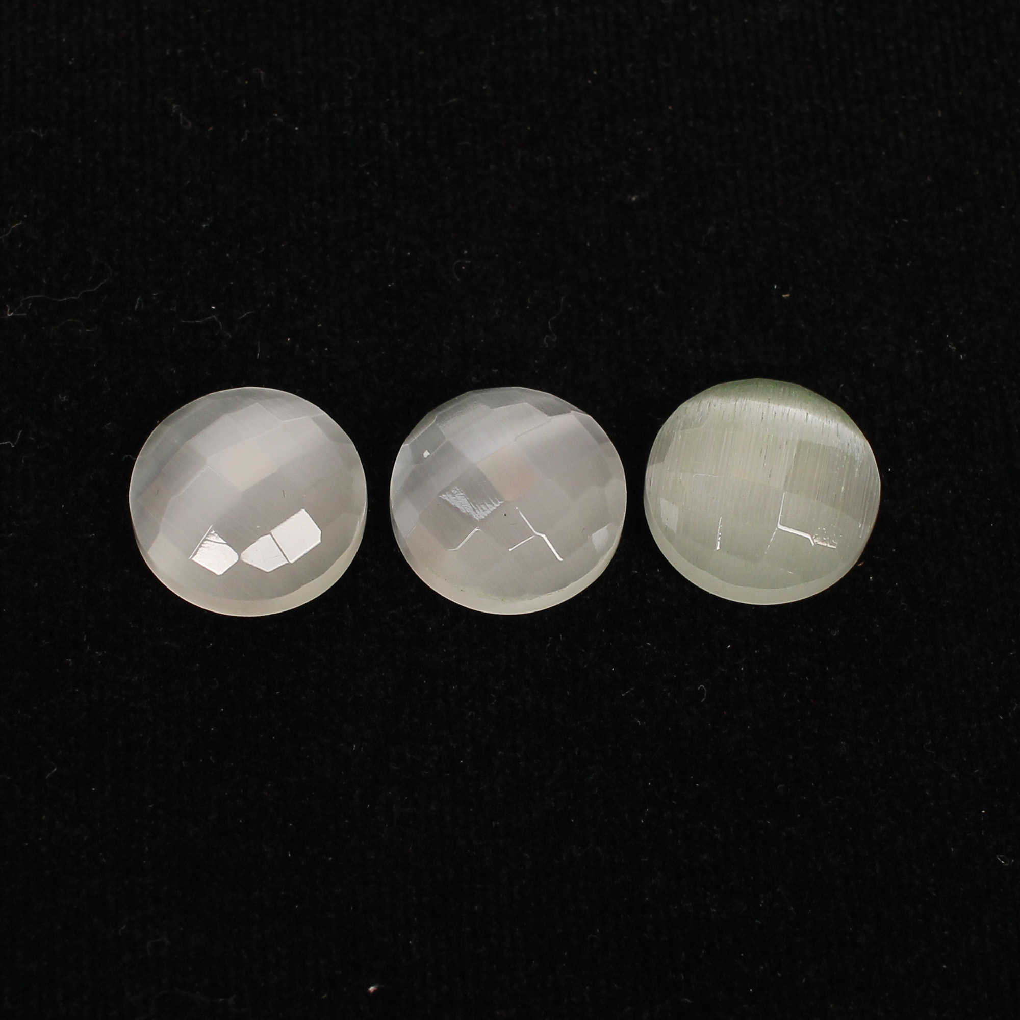3Pcs White Cats Eye 15x15mm Round Checker Cut 3500cts