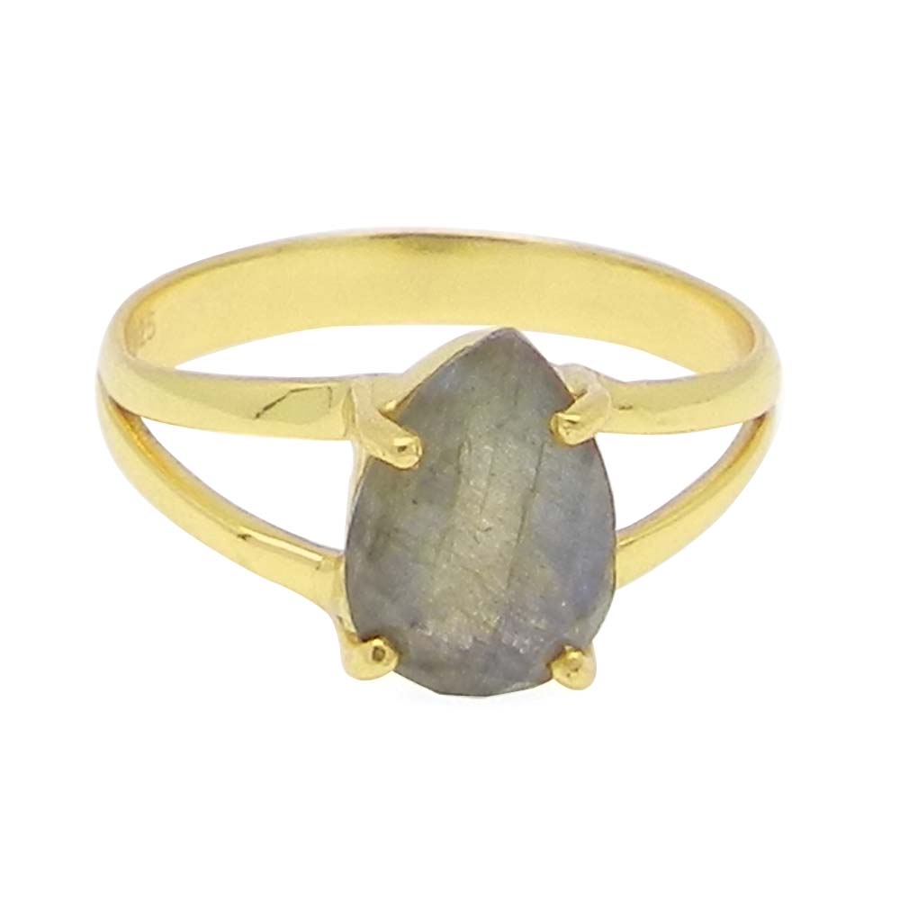 Labradorite 10x7mm Pear 18k Gold Plated Silver and 925 Sterling Silver Prong Set Ring