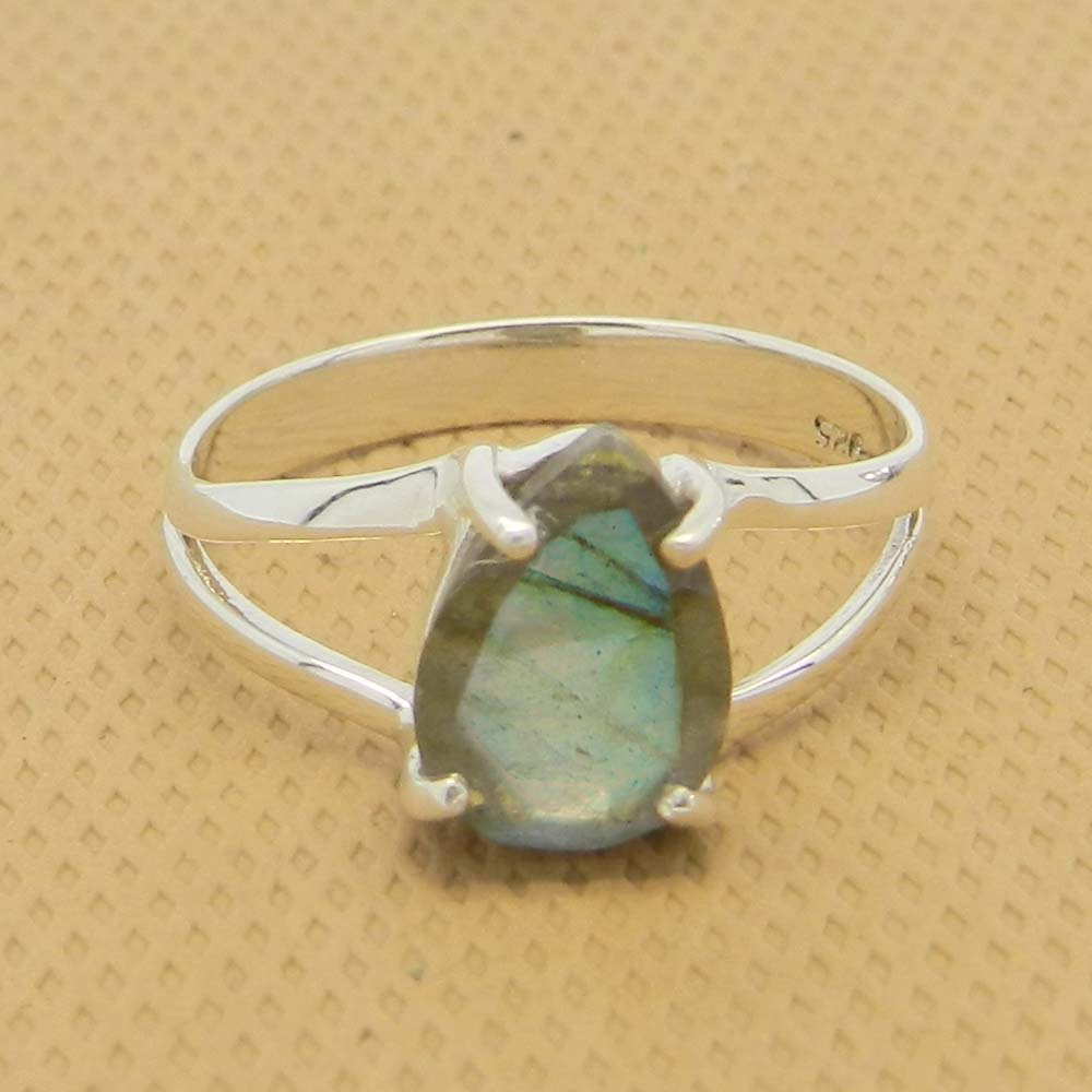 Labradorite 10x7mm Pear 18k Gold Plated Silver and 925 Sterling Silver Prong Set Ring