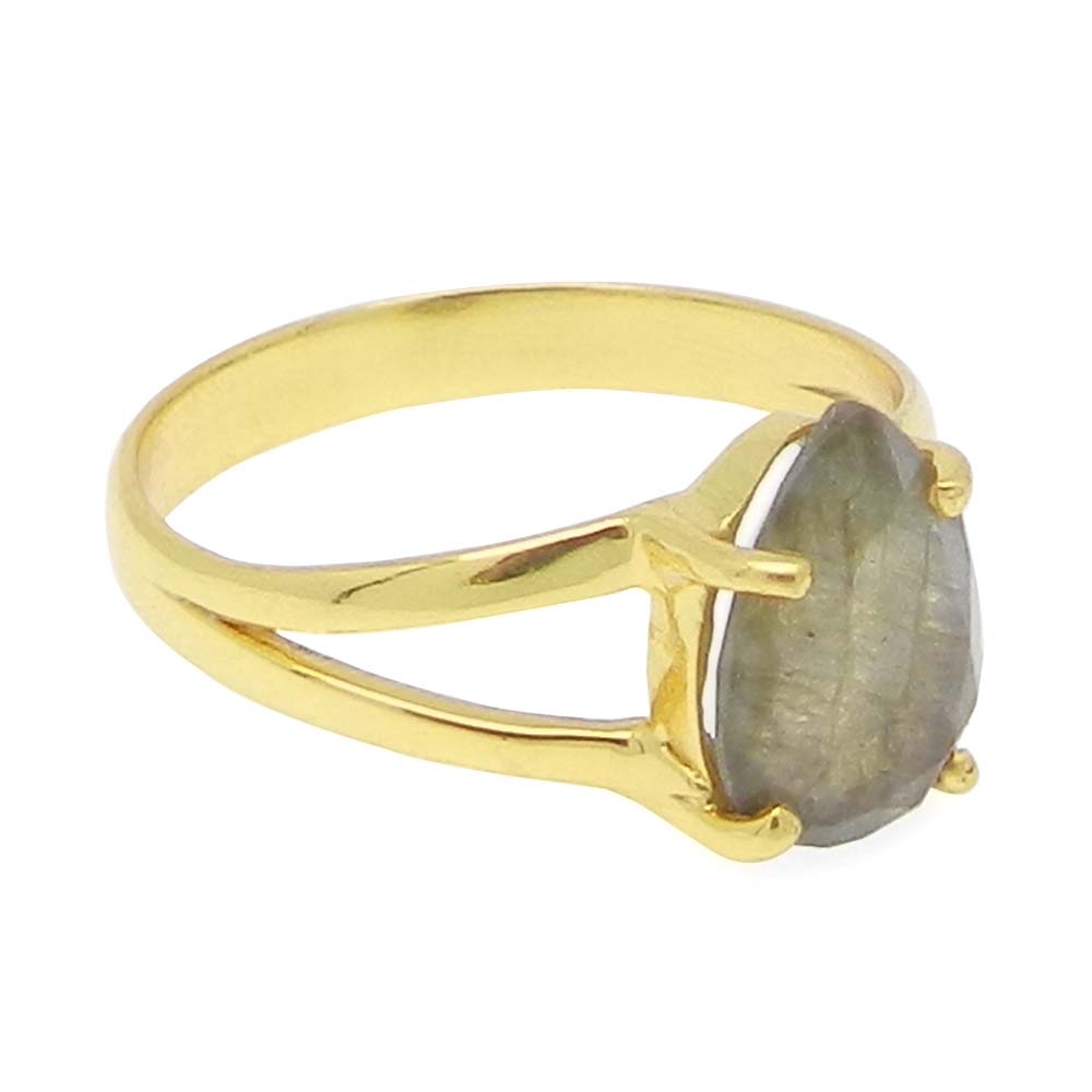 Labradorite 10x7mm Pear 18k Gold Plated Silver and 925 Sterling Silver Prong Set Ring
