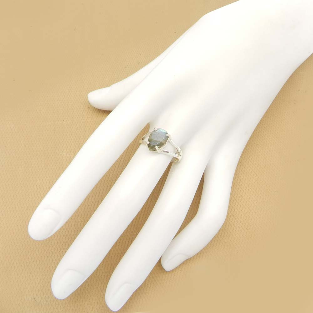 Labradorite 10x7mm Pear 18k Gold Plated Silver and 925 Sterling Silver Prong Set Ring