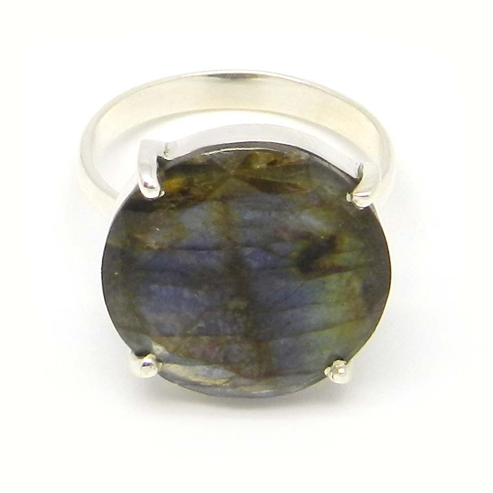 Labradorite 16mm Round 18k Gold Plated Silver Prong Set Ring