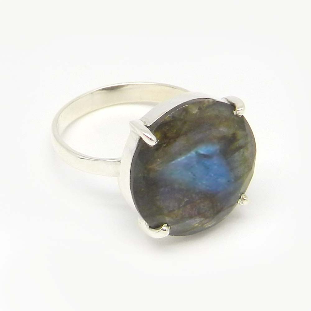 Labradorite 16mm Round 18k Gold Plated Silver Prong Set Ring