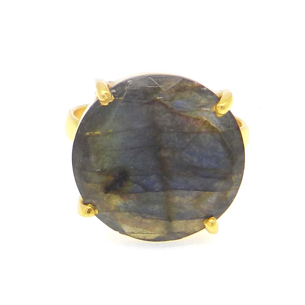 Labradorite 16mm Round 18k Gold Plated Silver Prong Set Ring
