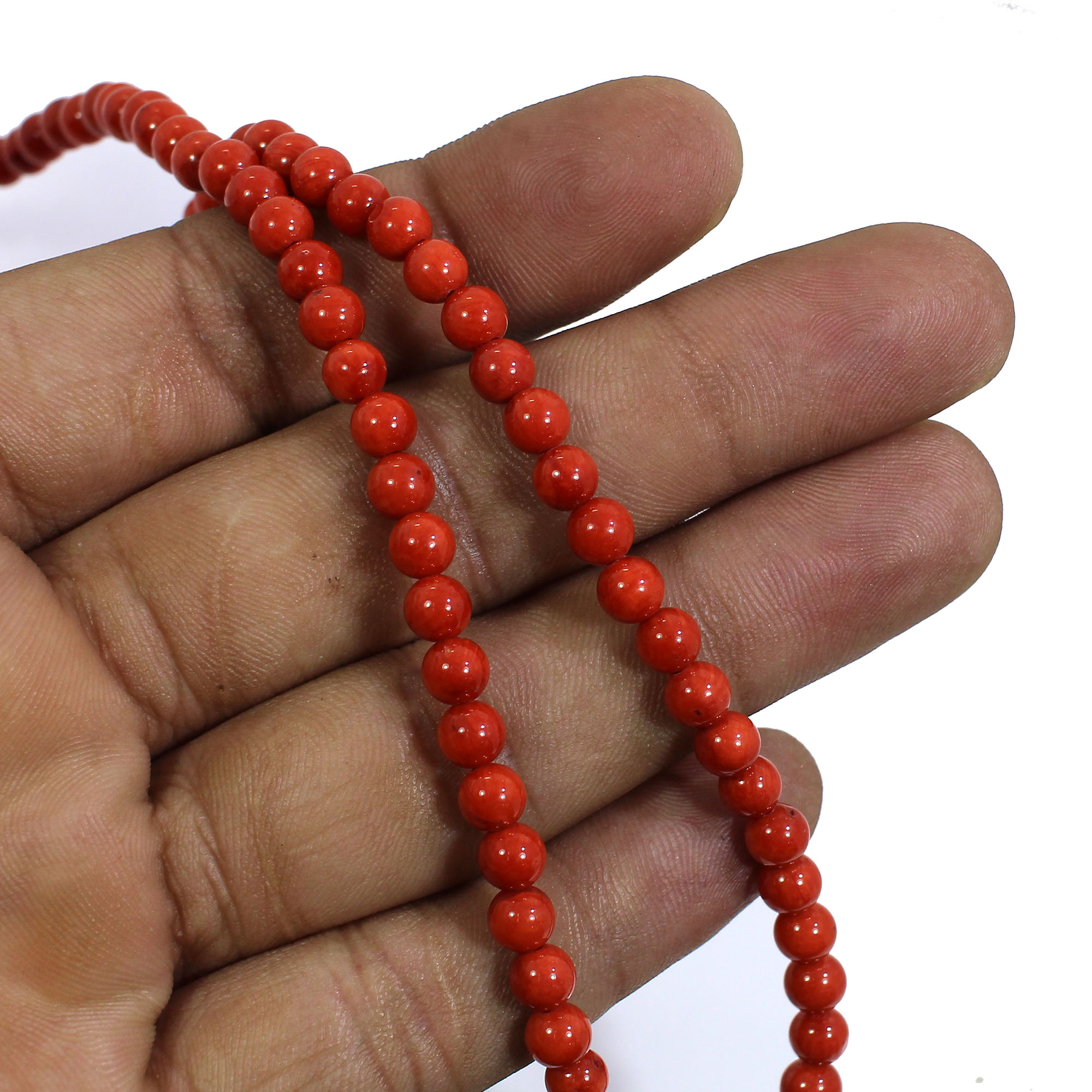 Natural Italian Coral 5mm Round Cabochon Beads 16 Inch Strand Necklace