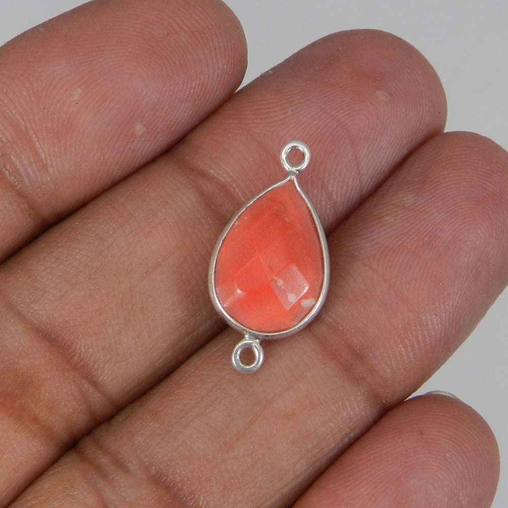 Pink Coral 22x11mm Pear 925 Sterling Silver Double Loop Connector 113 Gms