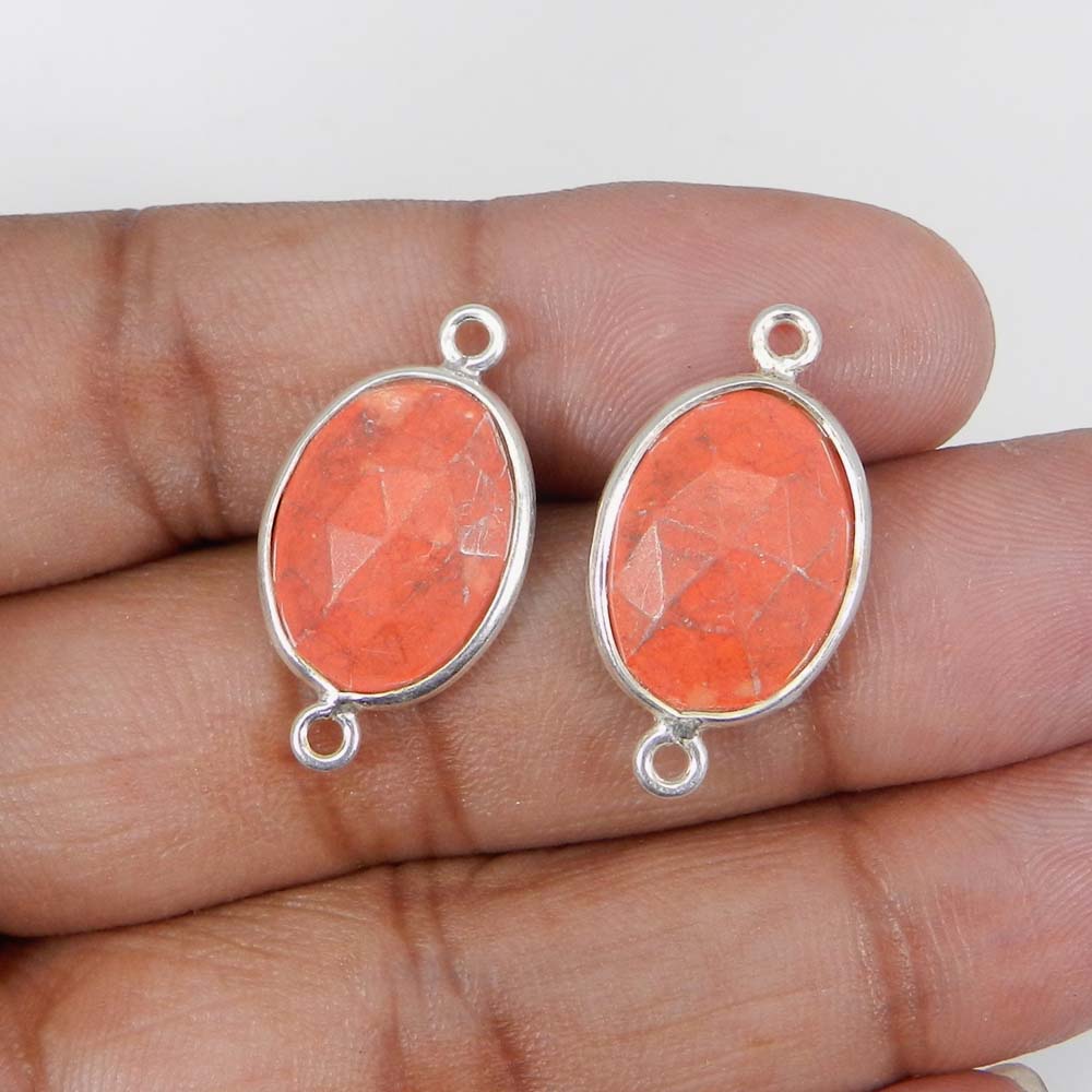Pink Coral 25x13mm Oval 925 Sterling Silver Double Loop Connector 152 Gms