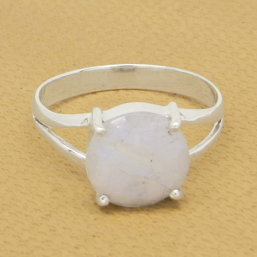 Rainbow Moonstone 10mm Round 18k Gold Plated Silver Prong Set Ring