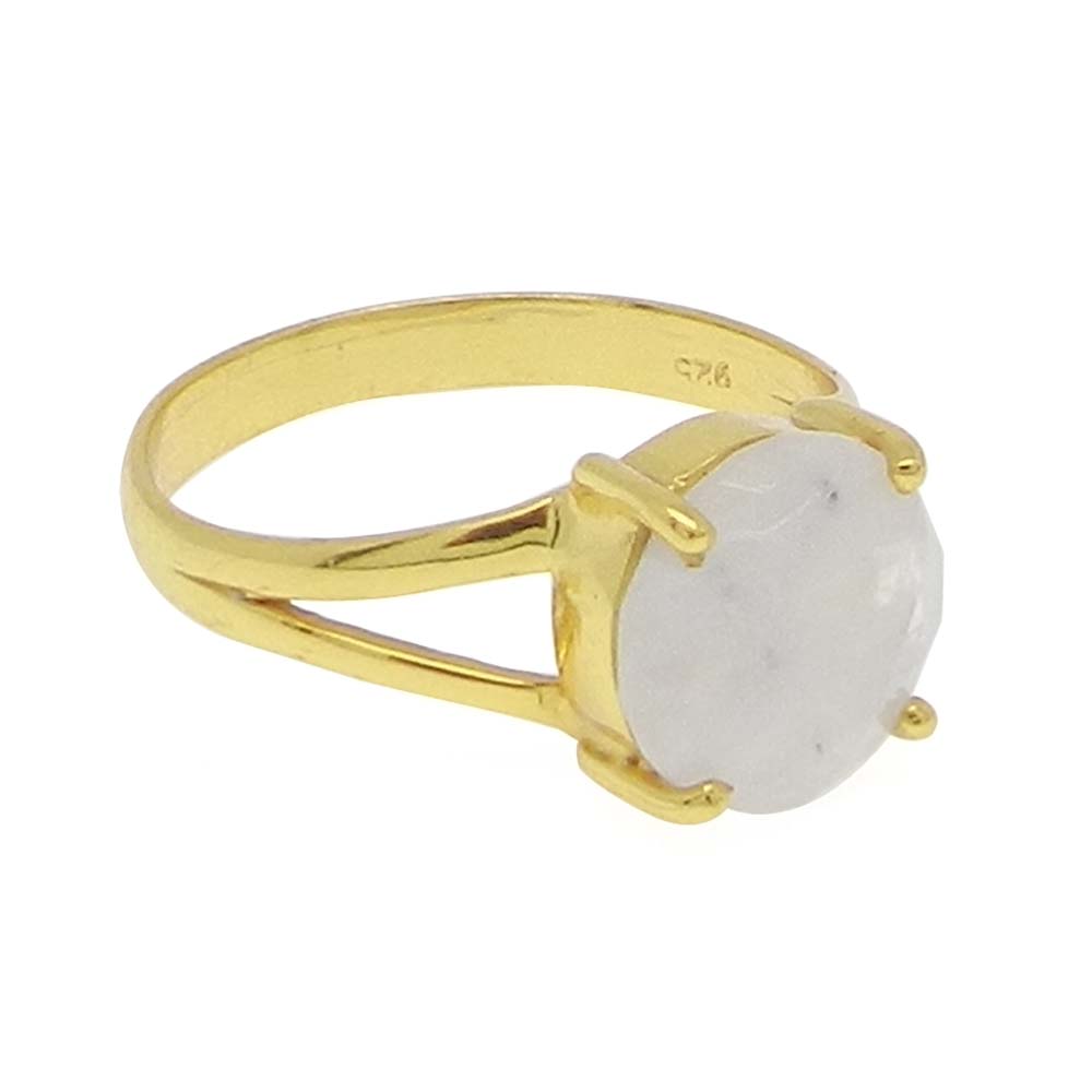 Rainbow Moonstone 10mm Round 18k Gold Plated Silver Prong Set Ring