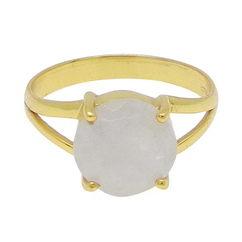 Rainbow Moonstone 10mm Round 18k Gold Plated Silver Prong Set Ring