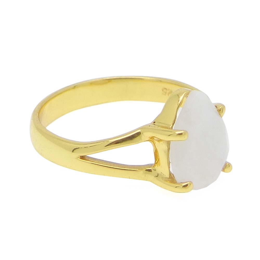 Rainbow Moonstone 10x7mm Pear 18k Gold Plated Silver Prong Set Ring