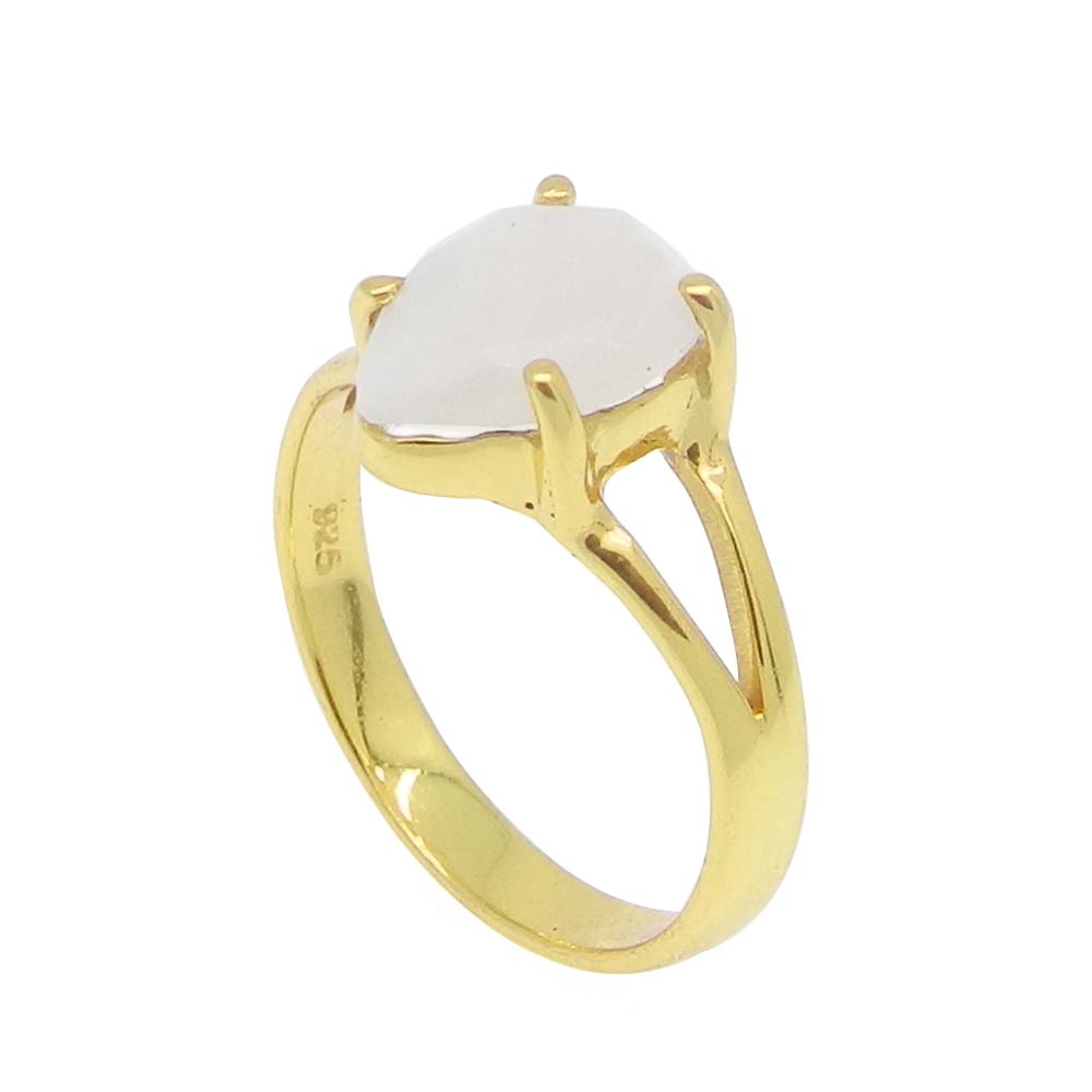 Rainbow Moonstone 10x7mm Pear 18k Gold Plated Silver Prong Set Ring