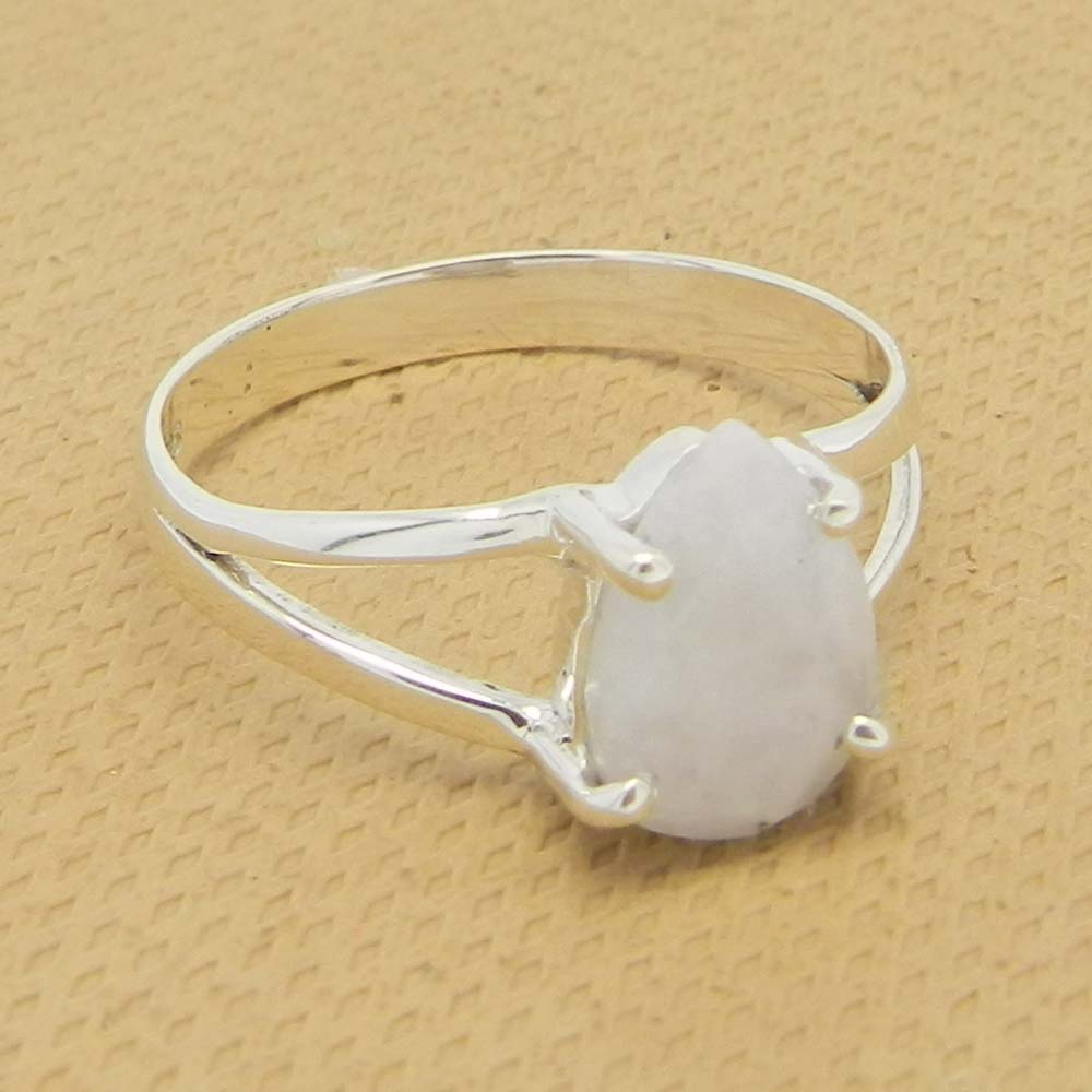Rainbow Moonstone 10x7mm Pear 18k Gold Plated Silver Prong Set Ring