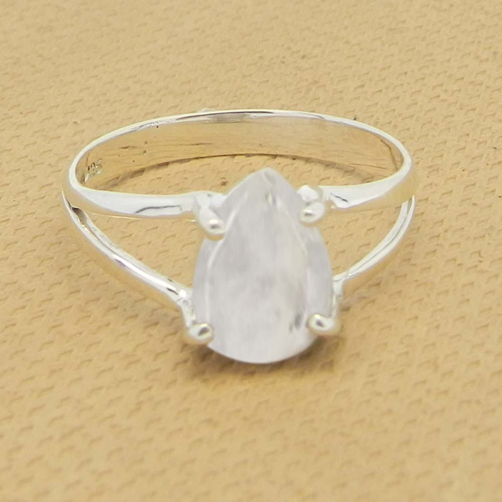 Rainbow Moonstone 10x7mm Pear 18k Gold Plated Silver Prong Set Ring
