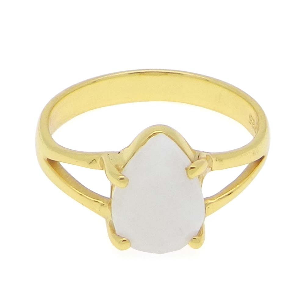 Rainbow Moonstone 10x7mm Pear 18k Gold Plated Silver Prong Set Ring