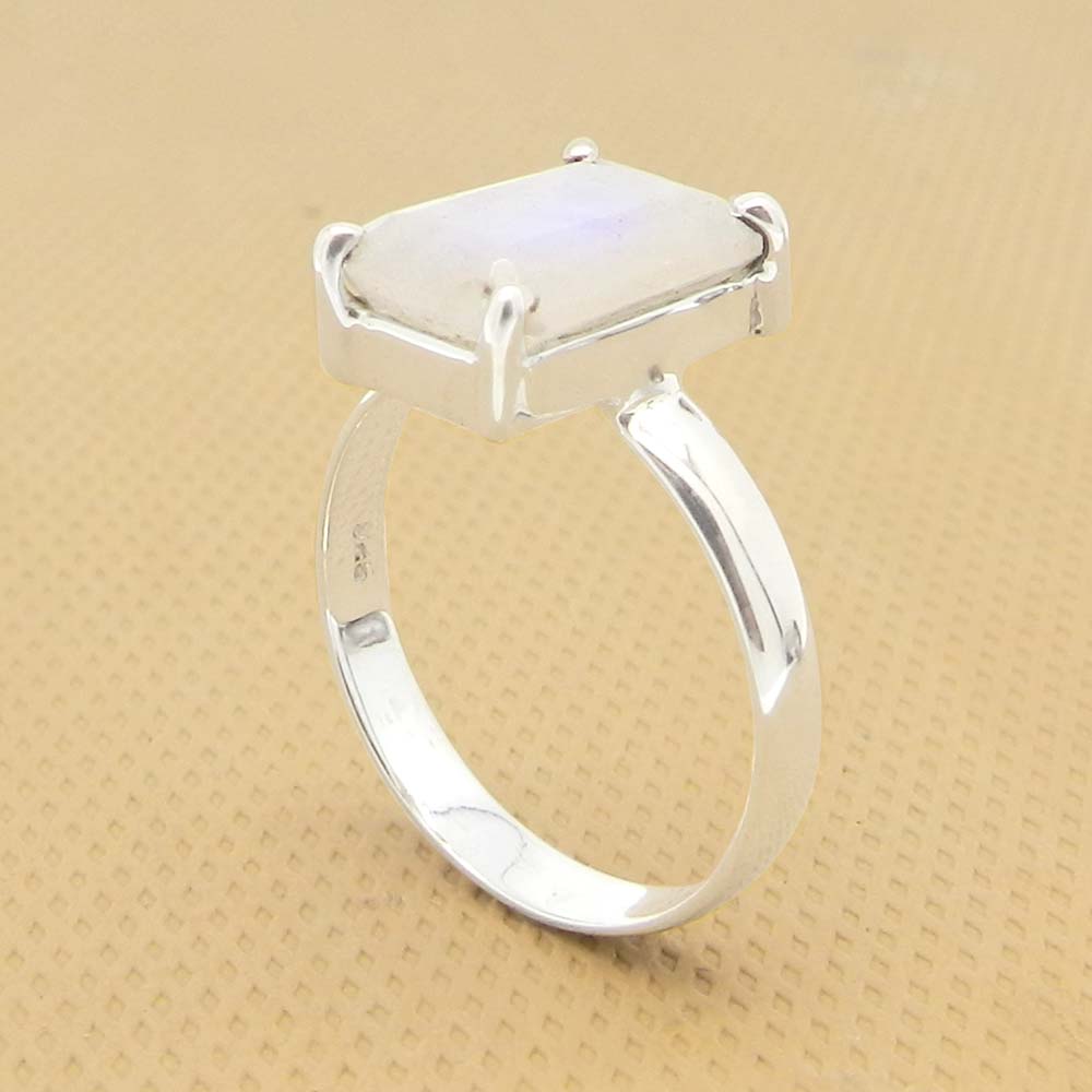 Rainbow Moonstone 10x7mm Rectangle 18k Gold Plated Silver Prong Set Ring