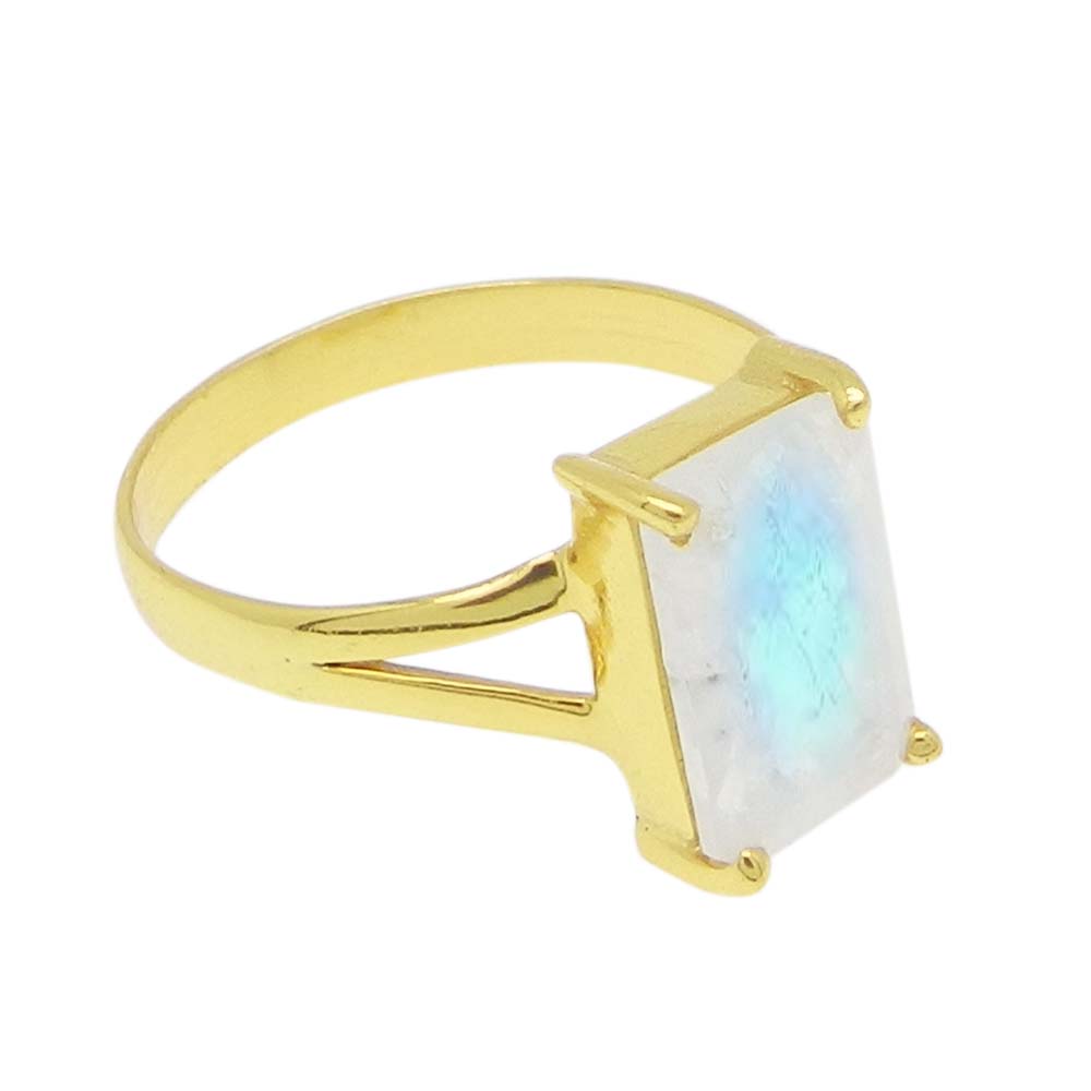 Rainbow Moonstone 10x7mm Rectangle 18k Gold Plated Silver Prong Set Ring