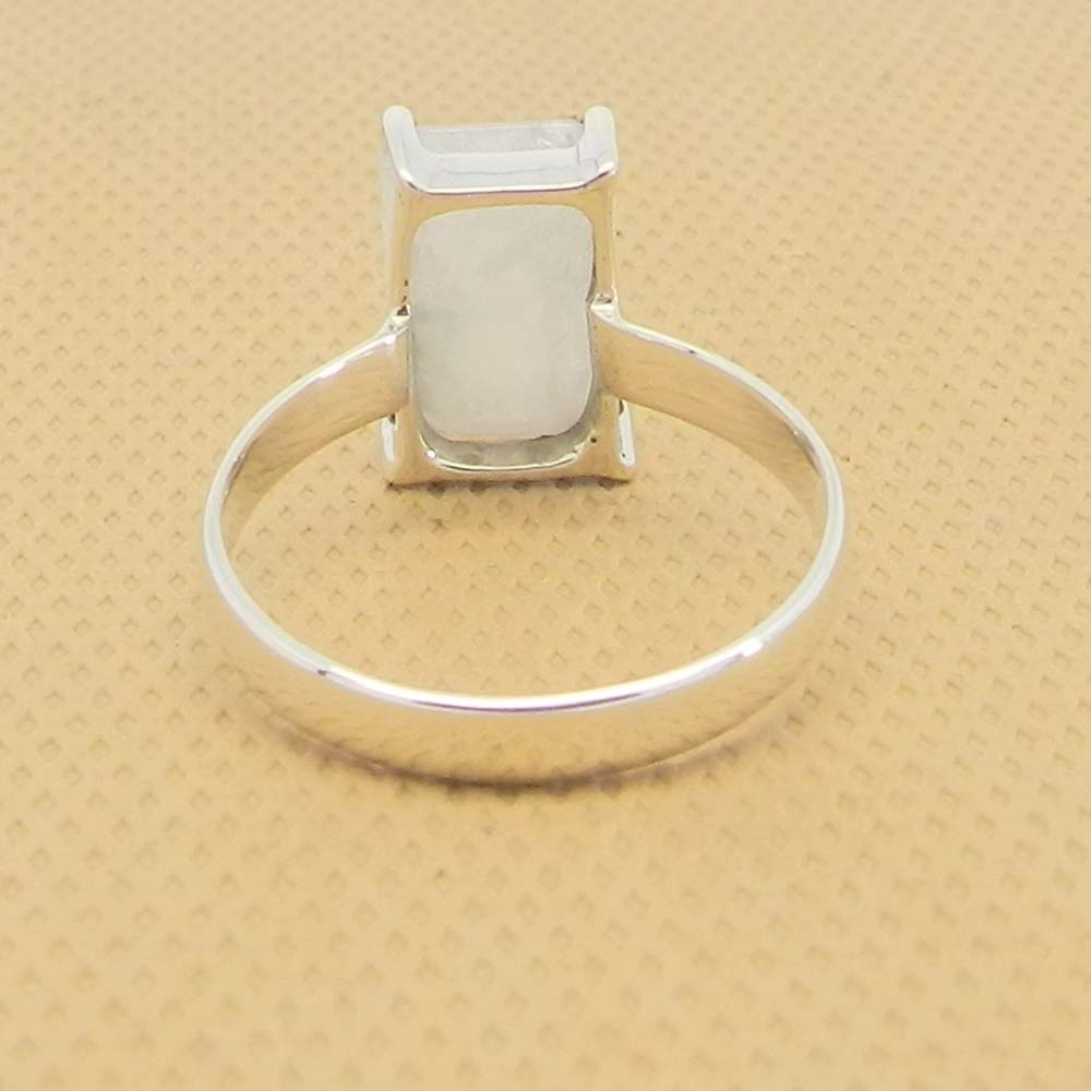Rainbow Moonstone 10x7mm Rectangle 18k Gold Plated Silver Prong Set Ring