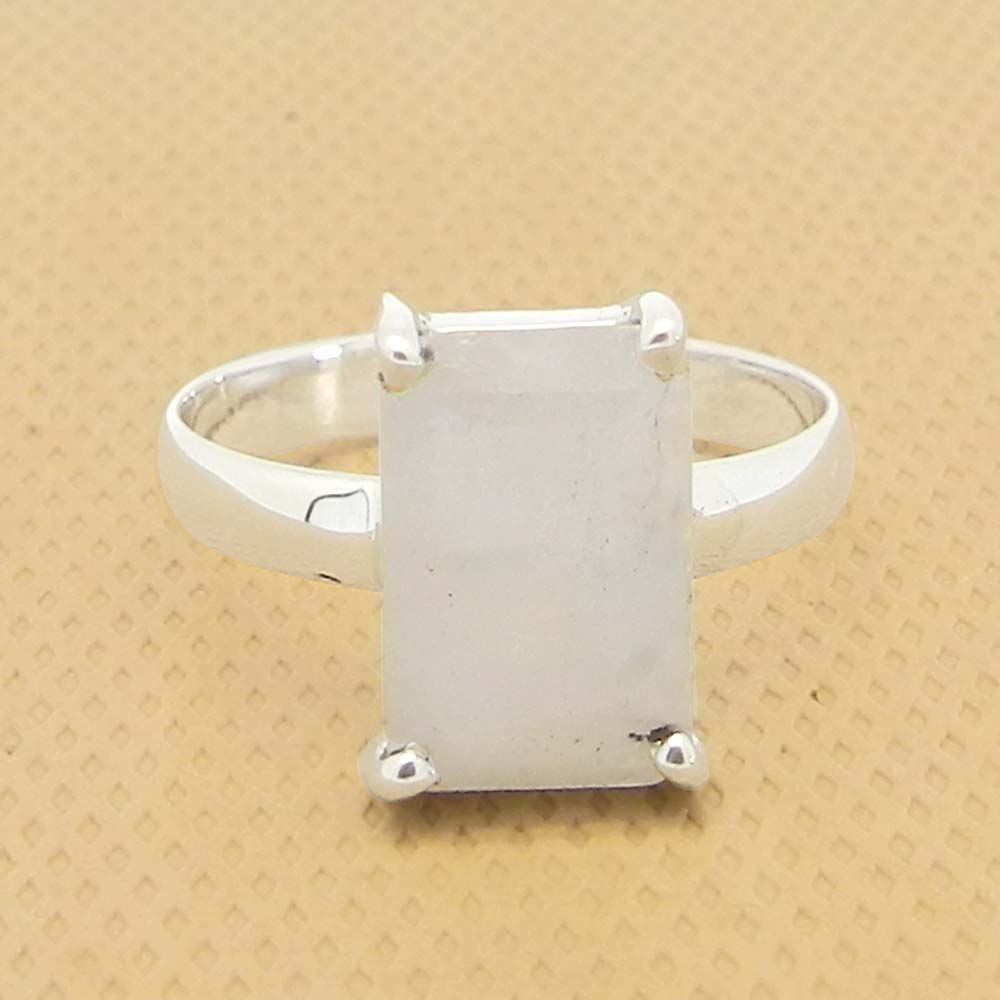 Rainbow Moonstone 10x7mm Rectangle 18k Gold Plated Silver Prong Set Ring
