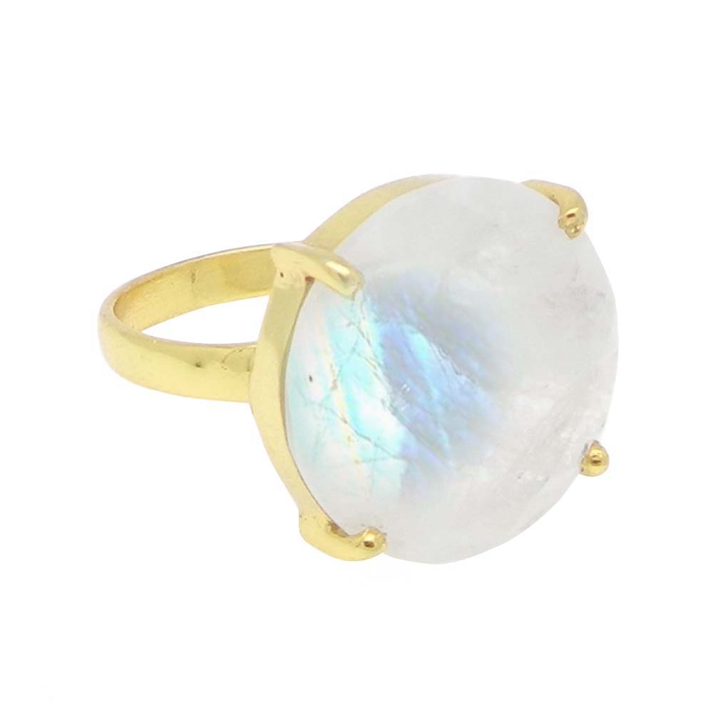Rainbow Moonstone 16mm Round 18k Gold Plated Silver Prong Set Ring
