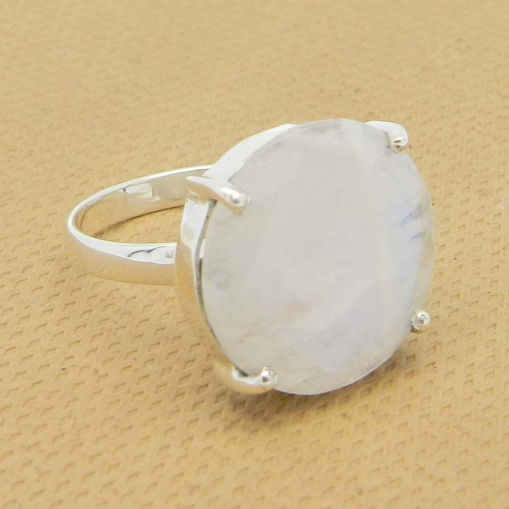 Rainbow Moonstone 16mm Round 18k Gold Plated Silver Prong Set Ring