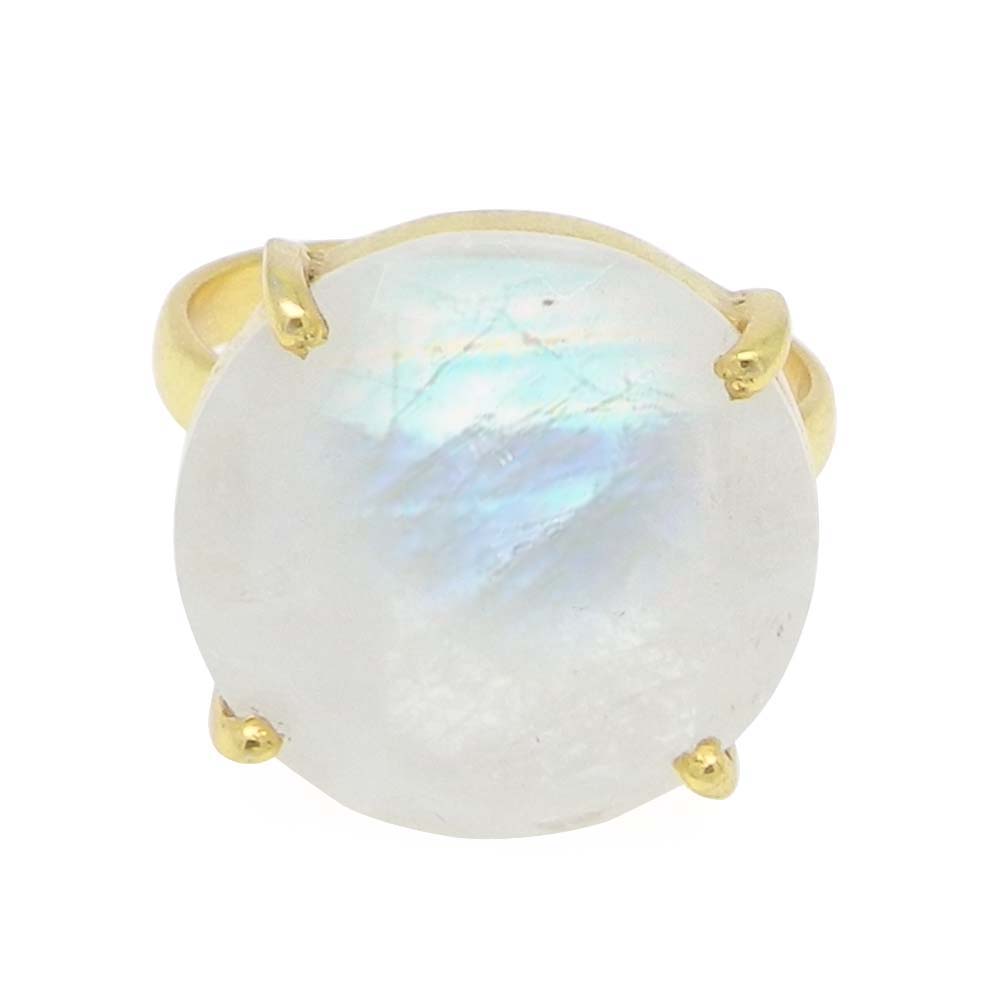 Rainbow Moonstone 16mm Round 18k Gold Plated Silver Prong Set Ring