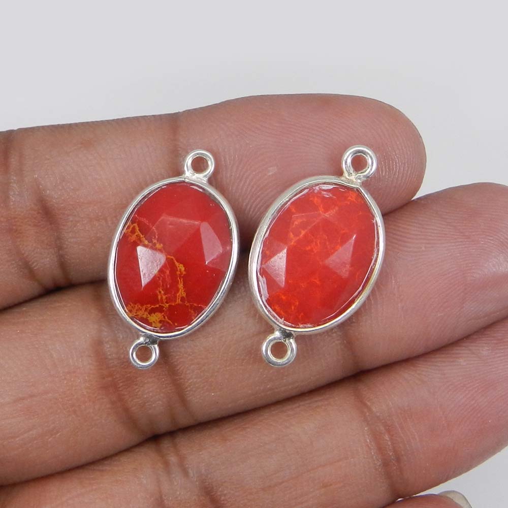 Red Coral 25x14mm Oval 925 Sterling Silver Double Loop Connector 129 Gms