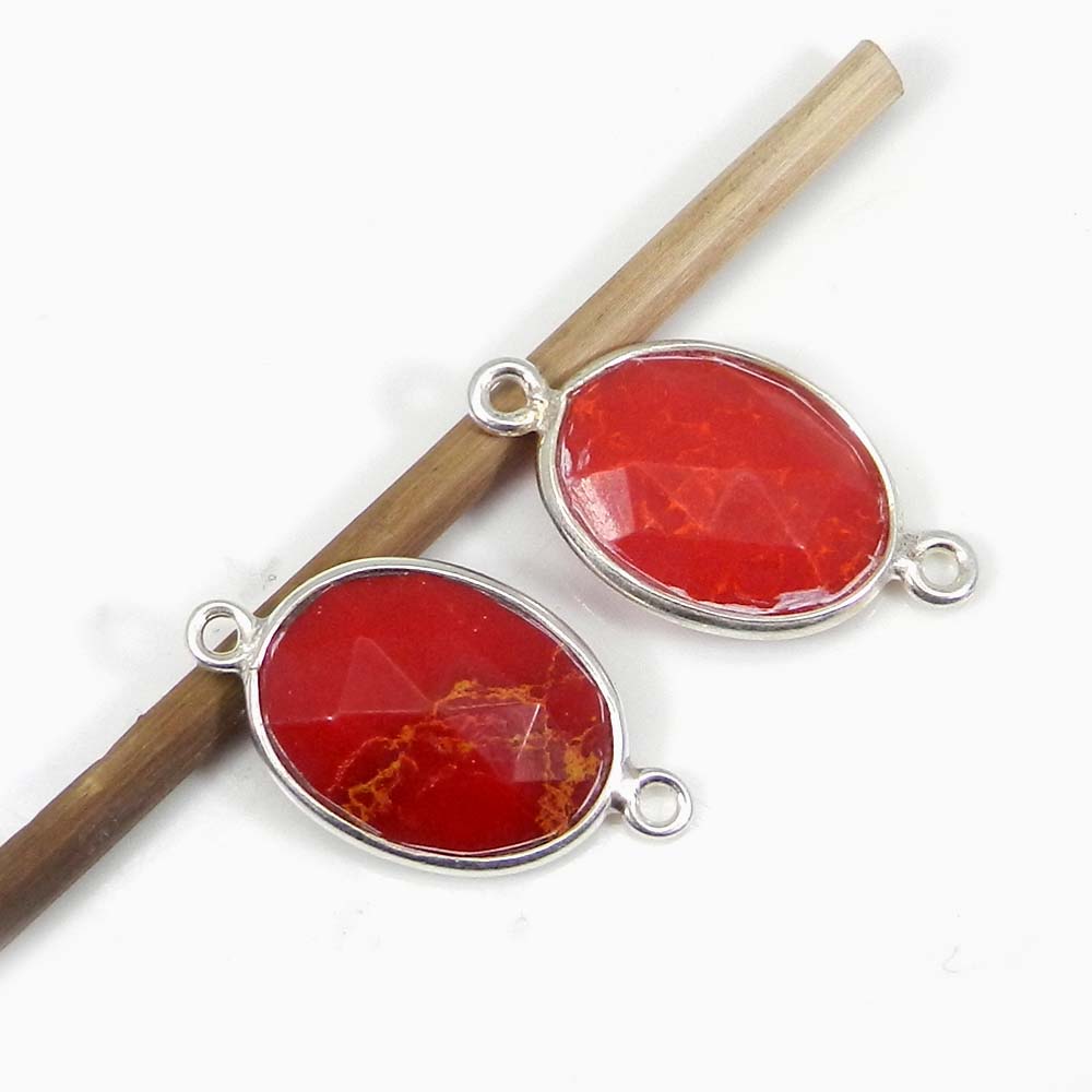 Red Coral 25x14mm Oval 925 Sterling Silver Double Loop Connector 129 Gms