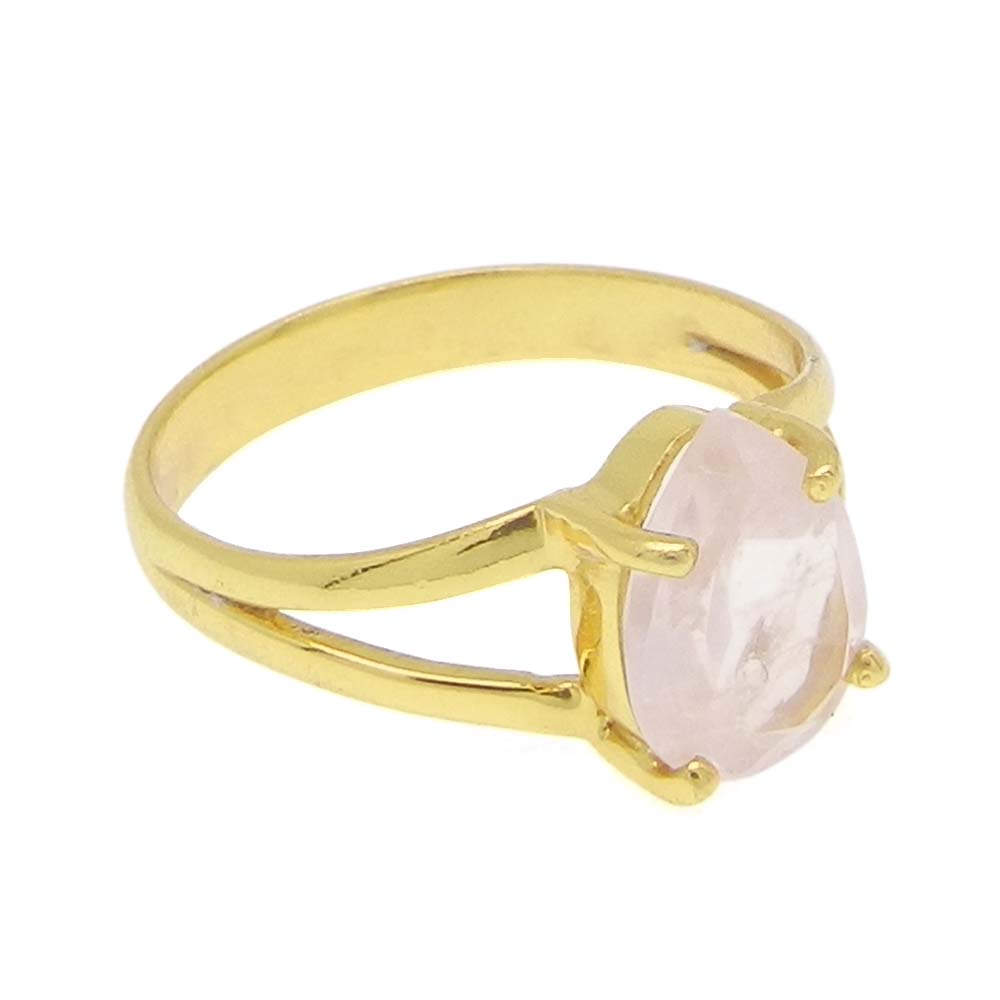 Rose Quartz 10x7mm Pear 18k Gold Plated Silver Prong Set Ring