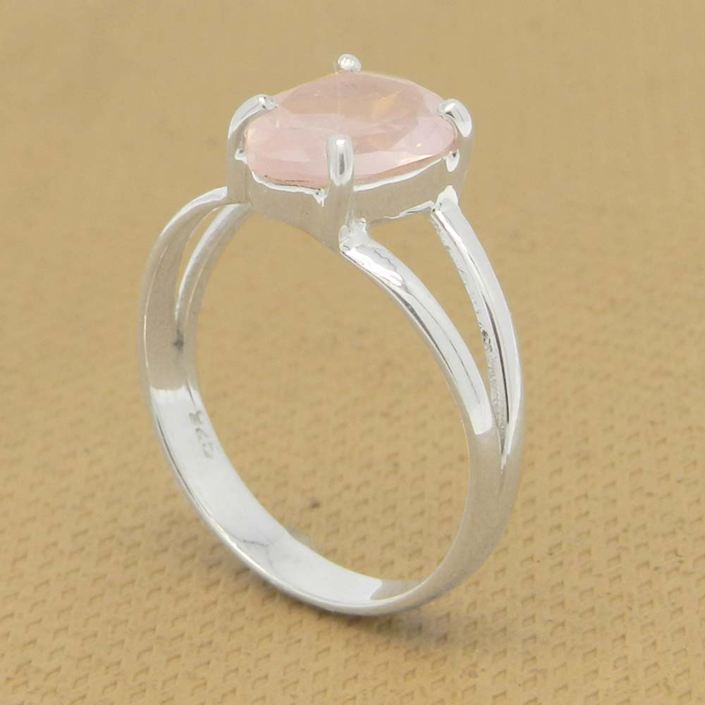 Rose Quartz 10x7mm Pear 18k Gold Plated Silver Prong Set Ring