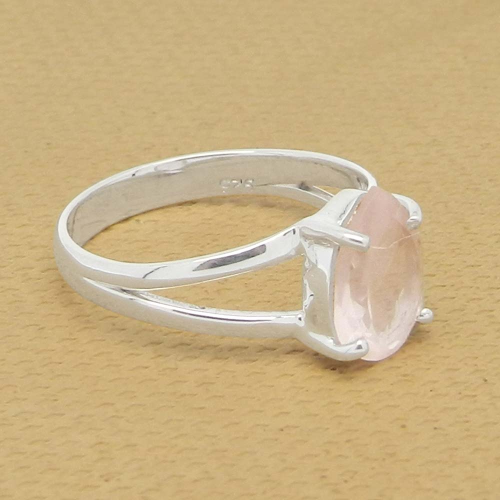 Rose Quartz 10x7mm Pear 18k Gold Plated Silver Prong Set Ring