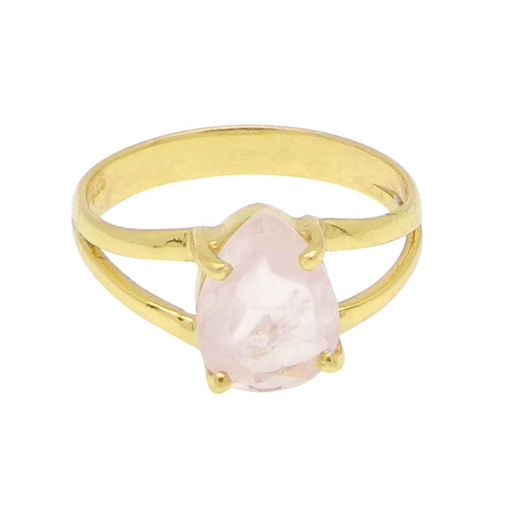 Rose Quartz 10x7mm Pear 18k Gold Plated Silver Prong Set Ring