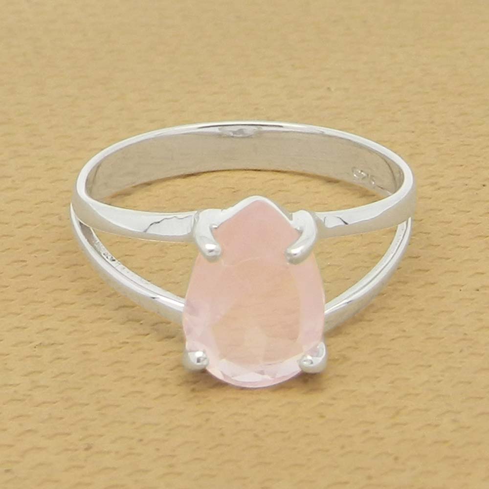 Rose Quartz 10x7mm Pear 18k Gold Plated Silver Prong Set Ring