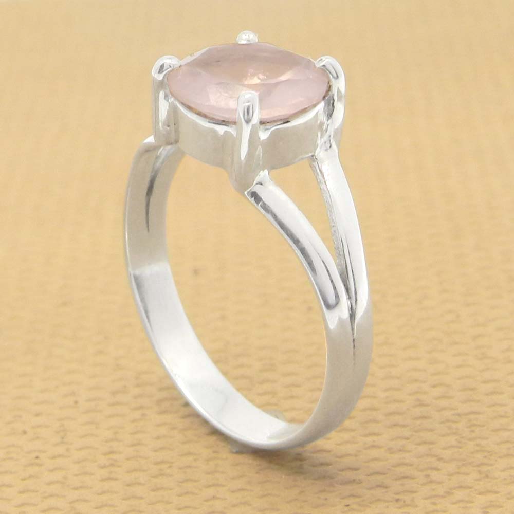 Rose Quartz 8mm Round 18k Gold Plated and 925 Sterling Silver Prong Set Ring