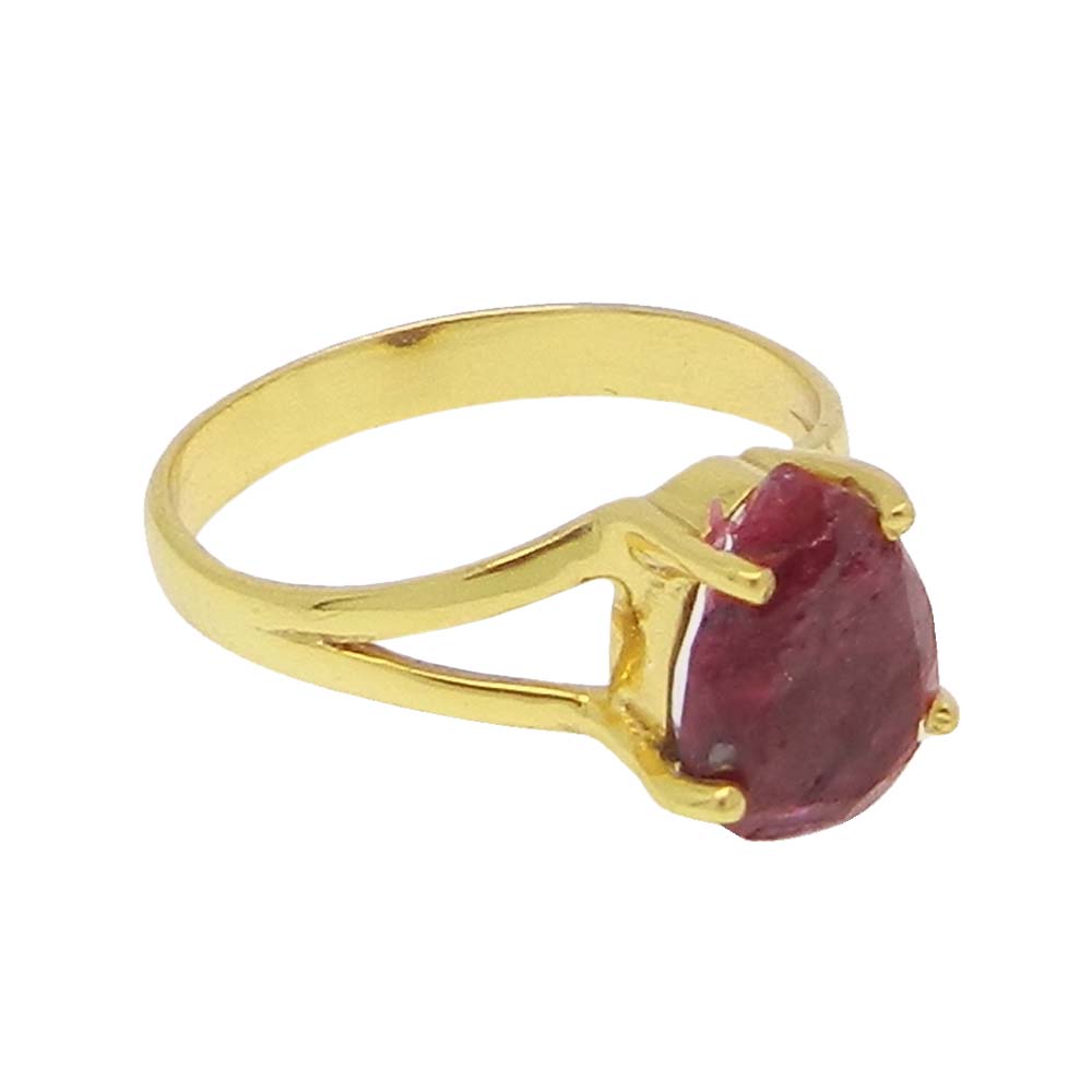 Ruby Corundum 10x7mm Pear 18k Gold Plated Silver Prong Set Ring