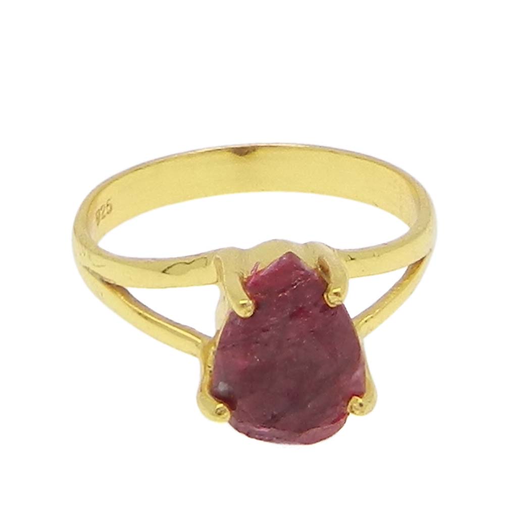 Ruby Corundum 10x7mm Pear 18k Gold Plated Silver Prong Set Ring