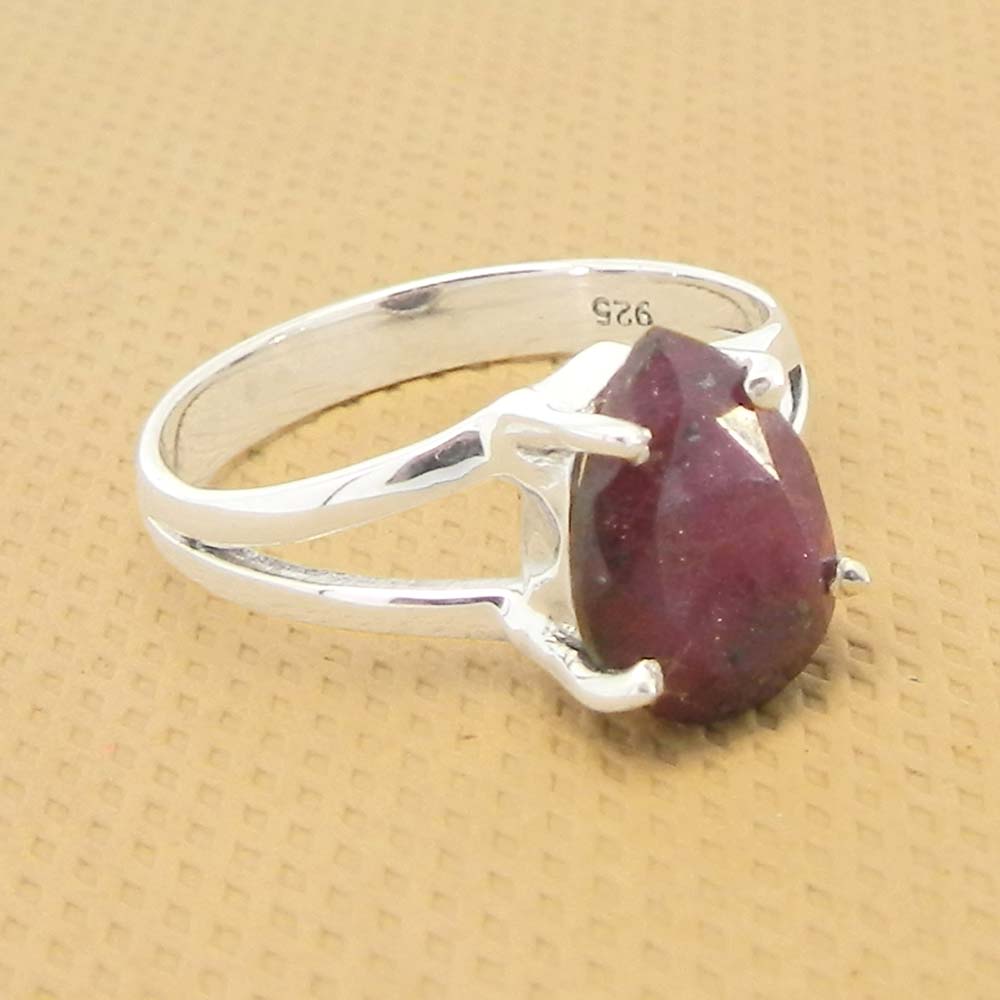 Ruby Corundum 10x7mm Pear 18k Gold Plated Silver Prong Set Ring