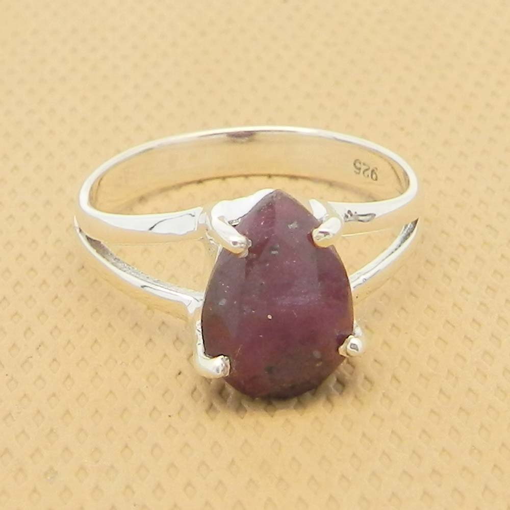 Ruby Corundum 10x7mm Pear 18k Gold Plated Silver Prong Set Ring