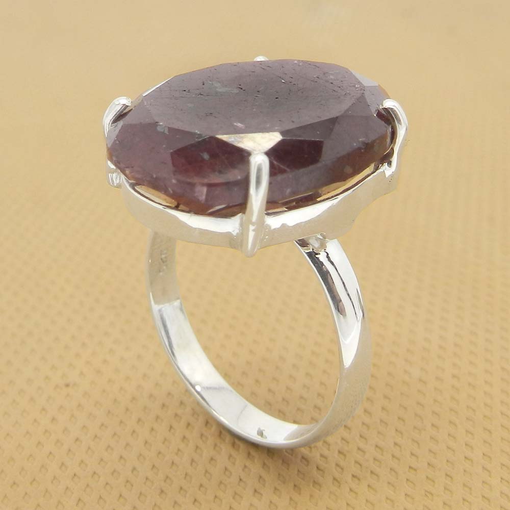Ruby Corundum 20x15mm Oval 18k Gold Plated Silver Prong Set Ring