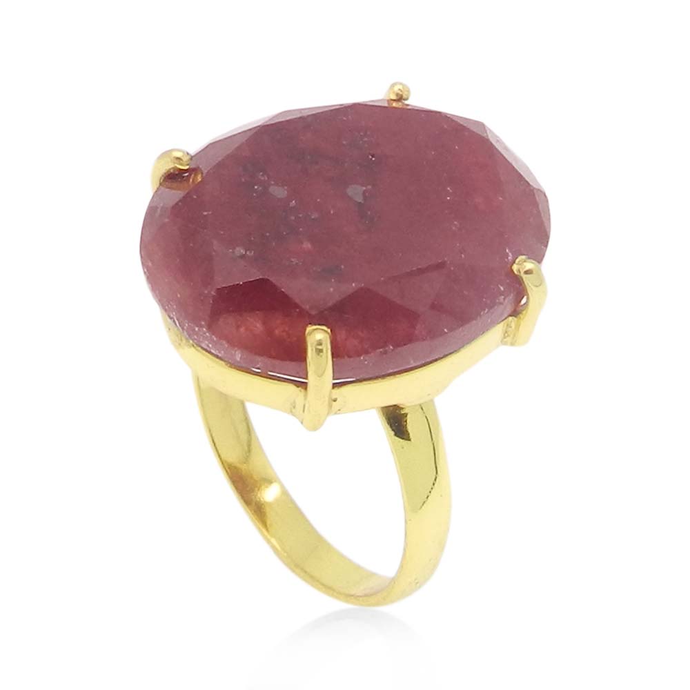Ruby Corundum 20x15mm Oval 18k Gold Plated Silver Prong Set Ring