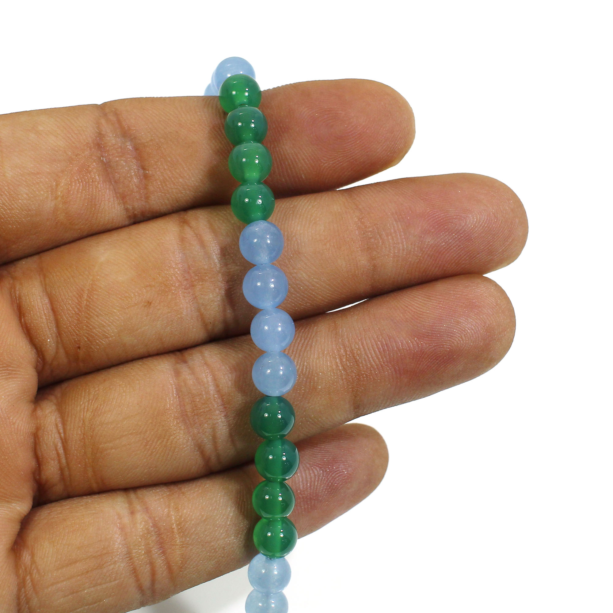 Blue Chalcedony and Green Onyx 6mm Round Cabochon Beads 8 Inch Strand
