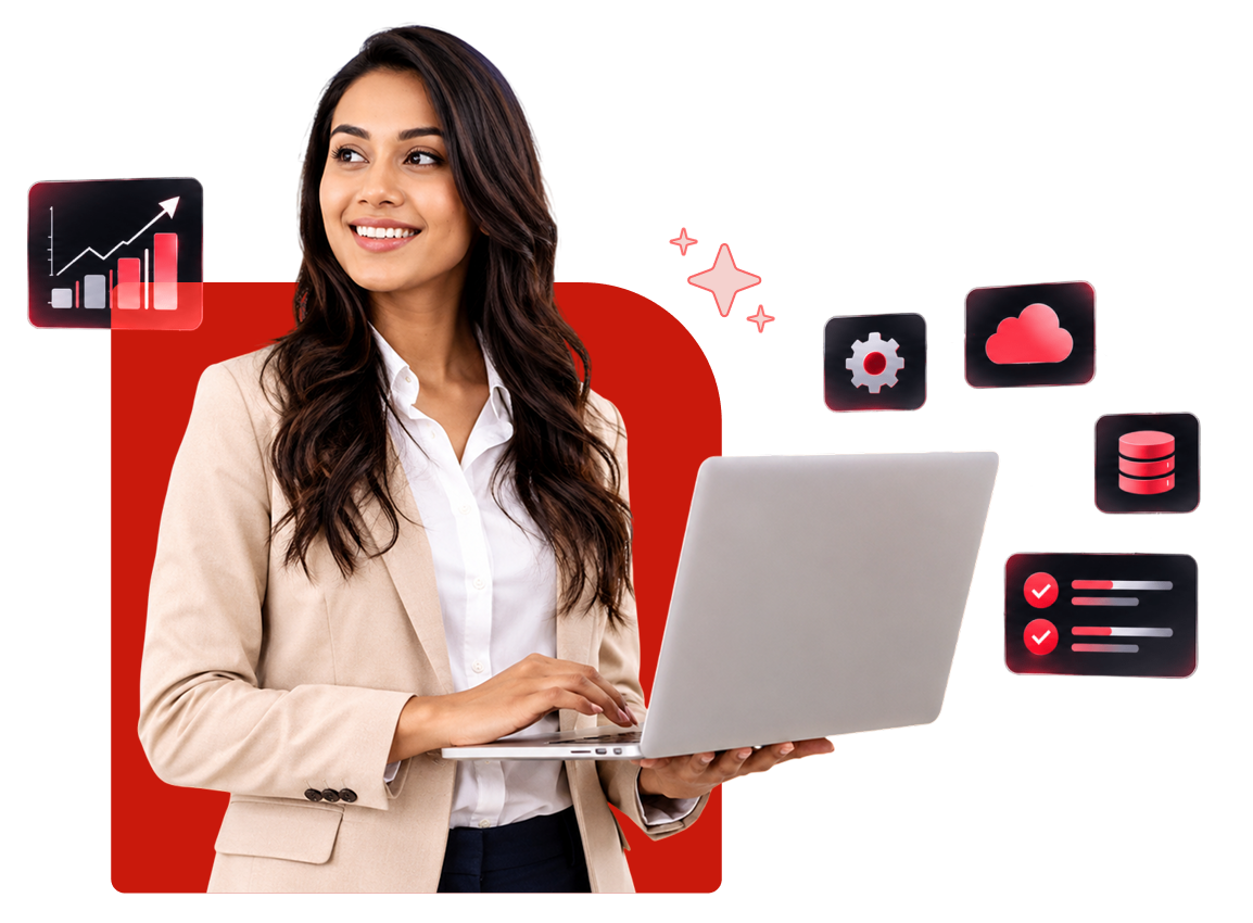 Consultant with laptop surrounded by AI, cloud and analytics icons
