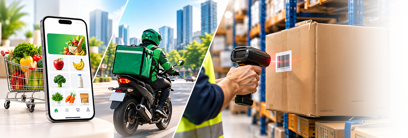Shopping app, delivery rider and warehouse barcode scanner