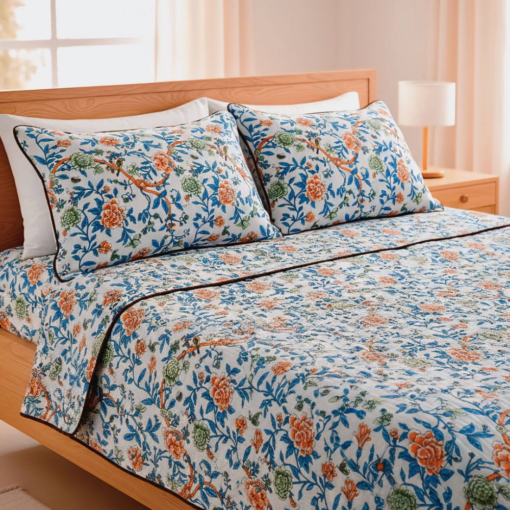 Image of Floral Jaal Pure Cotton Quilted Bedcover