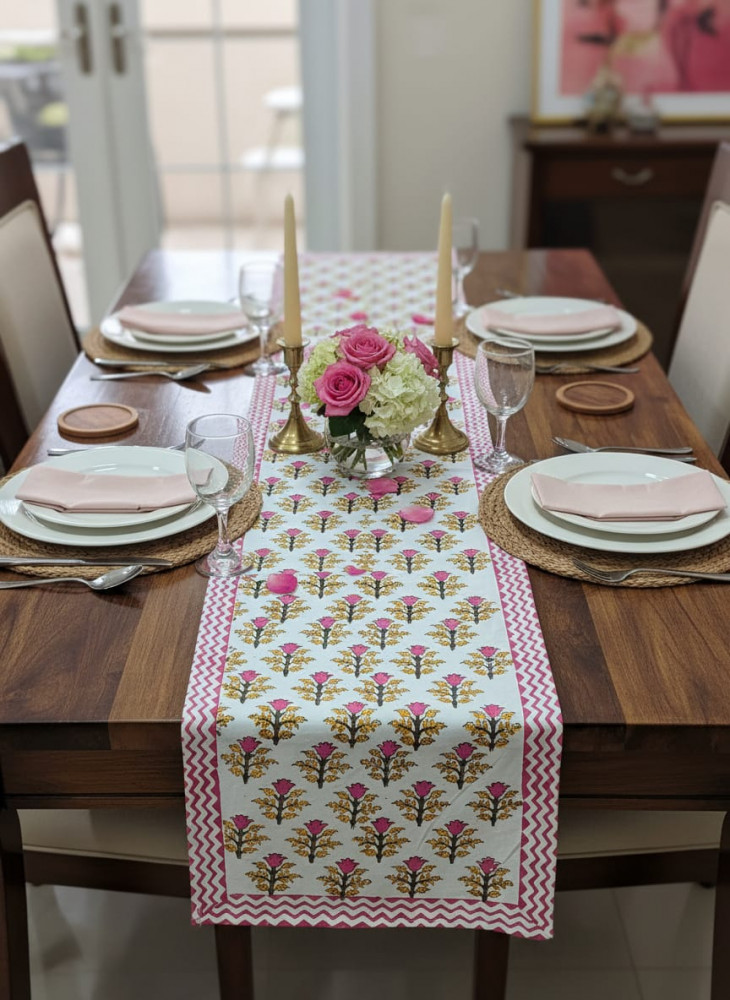 Image of Amber Bloom Handblock Canvas Cotton Table Runner