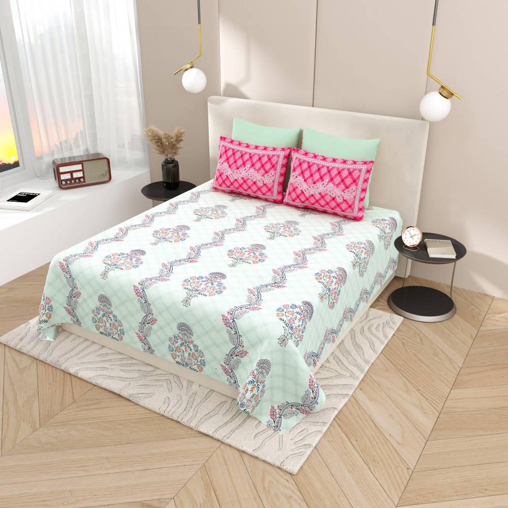 Image of Aqua Bloom Pure Cotton Super King Size Bedsheet